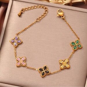 Gold Plated Stainless Steel Multi-Color Clover Bracelet